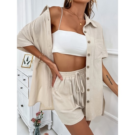 Women’s fashion loose temperament lapel shirt short sleeve pocket elastic waist shorts solid color suit – PRYCUS MITCHELL INC Women’s fashion loose temperament lapel shirt short sleeve pocket elastic waist shorts solid color suit – PRYCUS MITCHELL INC