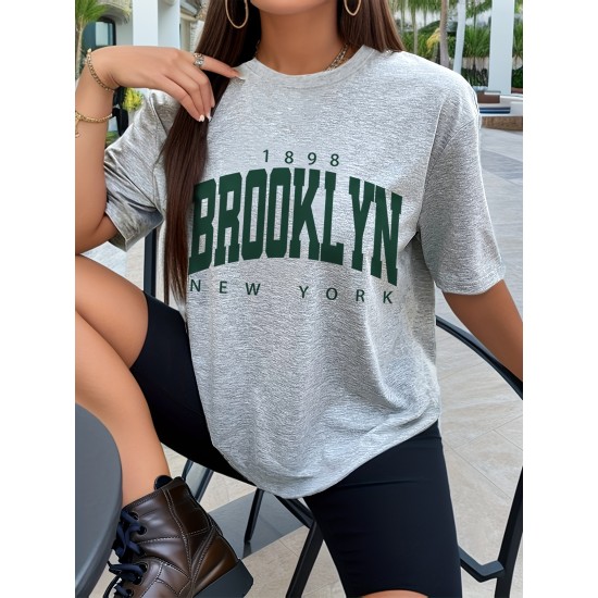 Brooklyn 1898 Print T-Shirt, Short Sleeve Crew Neck Casual Top For Spring & Summer, Women’s Clothing – PRYCUS MITCHELL INC Brooklyn 1898 Print T-Shirt, Short Sleeve Crew Neck Casual Top For Spring & Summer, Women’s Clothing – PRYCUS MITCHELL INC
