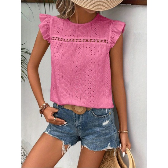 Hollow Ruffle Sleeve T-shirt, Casual Solid Color T-shirt For Spring & Summer, Women’s Clothing – PRYCUS MITCHELL INC Hollow Ruffle Sleeve T-shirt, Casual Solid Color T-shirt For Spring & Summer, Women’s Clothing – PRYCUS MITCHELL INC