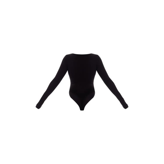 Basic Black Cotton Blend Plunge Long Sleeve Bodysuit Basic Black Cotton Blend Plunge Long Sleeve Bodysuit