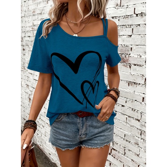 Heart Print One Shoulder T-shirt, Elegant Short Sleeve Top For Spring & Summer, Women’s Clothing – PRYCUS MITCHELL INC Heart Print One Shoulder T-shirt, Elegant Short Sleeve Top For Spring & Summer, Women’s Clothing – PRYCUS MITCHELL INC