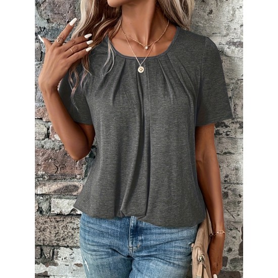 Solid Crew Neck T-shirt, Elegant Ruched Short Sleeve T-Shirt For Summer, Women’s Clothing – PRYCUS MITCHELL INC Solid Crew Neck T-shirt, Elegant Ruched Short Sleeve T-Shirt For Summer, Women’s Clothing – PRYCUS MITCHELL INC