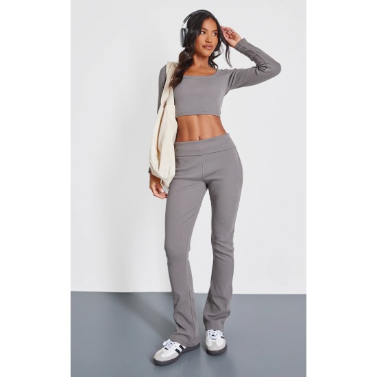 Charcoal Rib Scoop Neck Long Sleeve Crop Top Charcoal Rib Scoop Neck Long Sleeve Crop Top