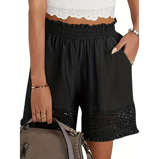 Lace Trim Slant Pocket Shorts, Casual Paper Bag Waist Shorts For Summer, Women’s Clothing – PRYCUS MITCHELL INC Lace Trim Slant Pocket Shorts, Casual Paper Bag Waist Shorts For Summer, Women’s Clothing – PRYCUS MITCHELL INC