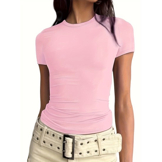 Solid Color Casual T-Shirt, Round Neck Short Sleeves Stretchy Sports Tee, Women’s Comfy Tops – PRYCUS MITCHELL INC Solid Color Casual T-Shirt, Round Neck Short Sleeves Stretchy Sports Tee, Women’s Comfy Tops – PRYCUS MITCHELL INC
