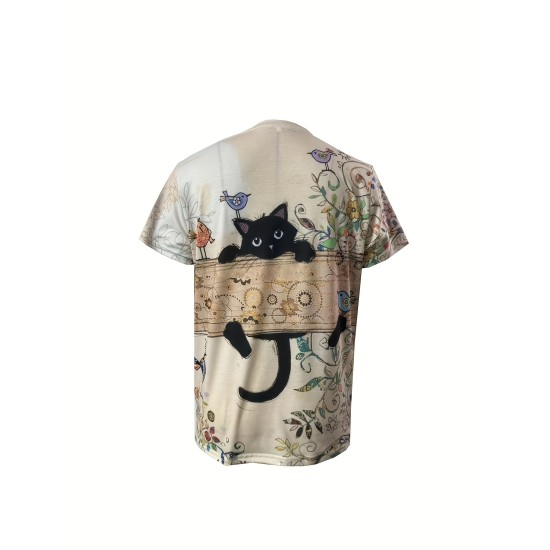 Cute Cat Print Crew Neck T-Shirt, Casual Short Sleeve T-Shirt For Spring & Summer, Women’s Clothing – PRYCUS MITCHELL INC Cute Cat Print Crew Neck T-Shirt, Casual Short Sleeve T-Shirt For Spring & Summer, Women’s Clothing – PRYCUS MITCHELL INC