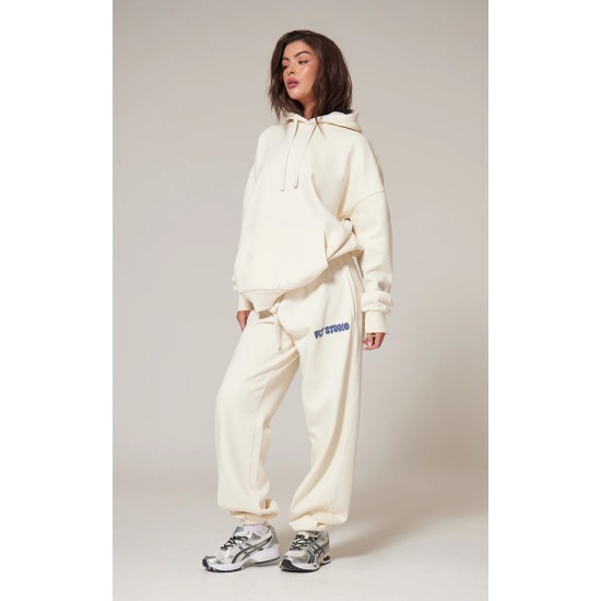 PRETTYLITTLETHING Sand Premium Studio Print Cuffed Sweatpants PRETTYLITTLETHING Sand Premium Studio Print Cuffed Sweatpants