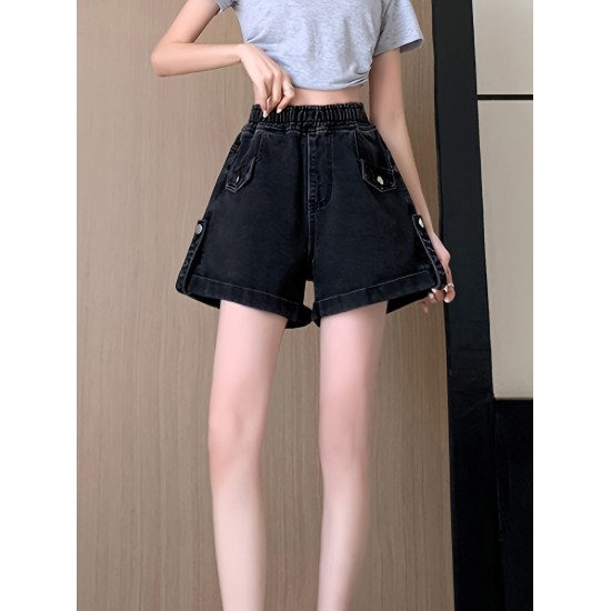 Women’s Casual Denim Shorts, Elastic Waist, Black Color Plain Jean Shorts With Pocket Detail, Summer Fashion – PRYCUS MITCHELL INC Women’s Casual Denim Shorts, Elastic Waist, Black Color Plain Jean Shorts With Pocket Detail, Summer Fashion – PRYCUS MITCHELL INC