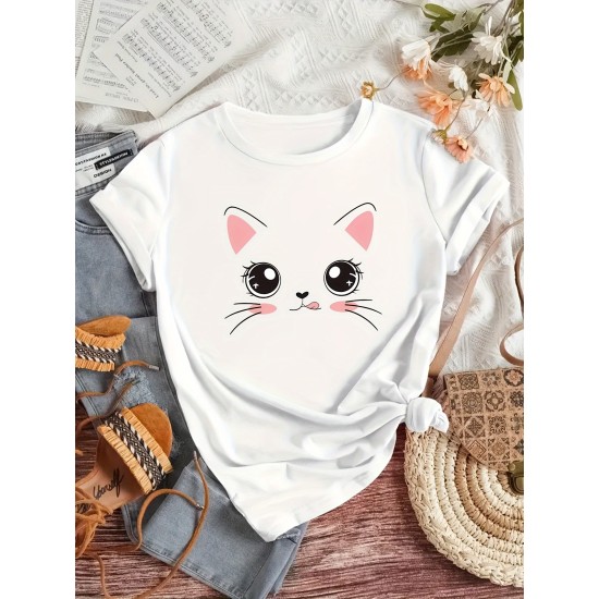 Cat Print Casual T-Shirt, Round Neck Short Sleeves Versatile Sports Tee, Women’s Comfy Tops – PRYCUS MITCHELL INC Cat Print Casual T-Shirt, Round Neck Short Sleeves Versatile Sports Tee, Women’s Comfy Tops – PRYCUS MITCHELL INC
