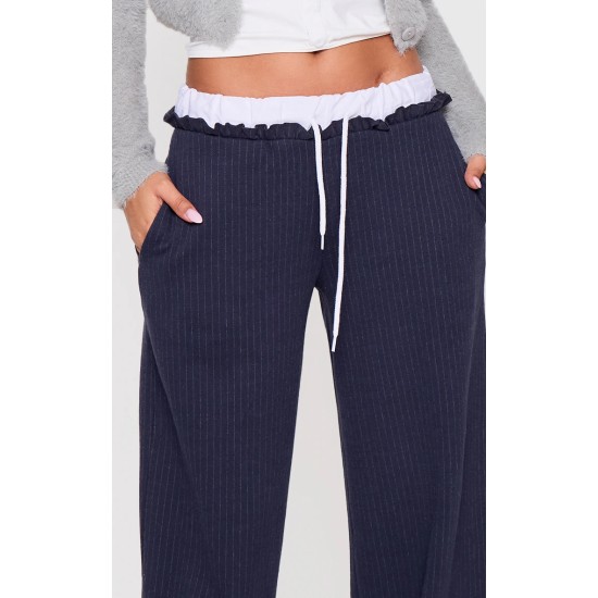 Petite Navy Pinstripe Contrast Waistband Wide Leg Pants Petite Navy Pinstripe Contrast Waistband Wide Leg Pants
