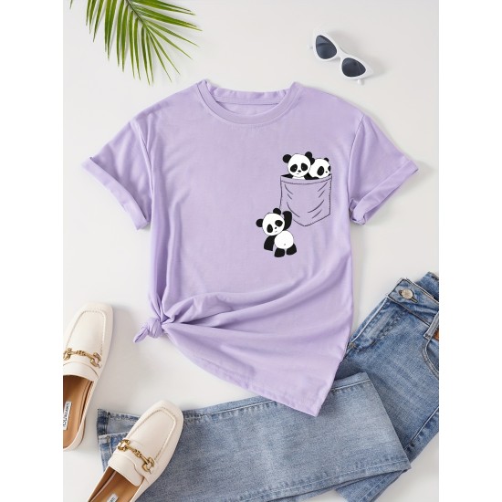 Panda Print Crew Neck T-Shirt, Casual Short Sleeve T-Shirt For Spring & Summer, Women’s Clothing – PRYCUS MITCHELL INC Panda Print Crew Neck T-Shirt, Casual Short Sleeve T-Shirt For Spring & Summer, Women’s Clothing – PRYCUS MITCHELL INC