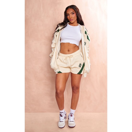 Cream Embroidered Graphic Contrast Runner Shorts Cream Embroidered Graphic Contrast Runner Shorts