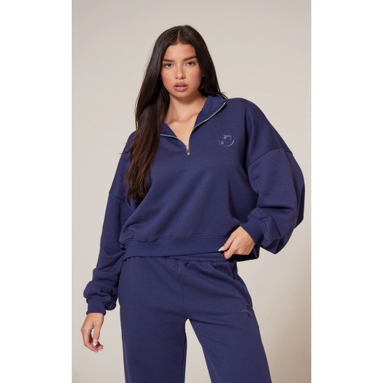 PRETTYLITTLETHING Navy Half Zip Embroidered Sweatshirt PRETTYLITTLETHING Navy Half Zip Embroidered Sweatshirt
