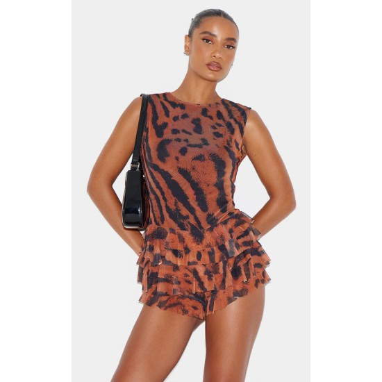 Brown Animal Printed Mesh Rara Romper Brown Animal Printed Mesh Rara Romper