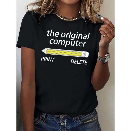 Pencils & Letter Print Crew Neck T-Shirt, Casual Short Sleeve T-Shirt For Spring & Summer, Women’s Clothing – PRYCUS MITCHELL INC Pencils & Letter Print Crew Neck T-Shirt, Casual Short Sleeve T-Shirt For Spring & Summer, Women’s Clothing – PRYCUS MITCHELL INC
