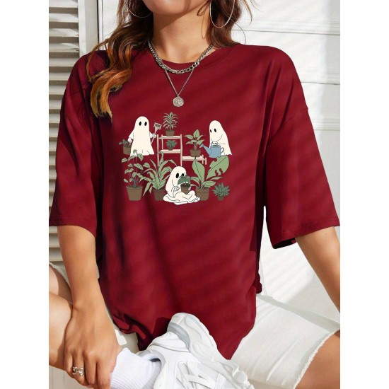 Women’s Summer Ghost & Plant Graphic Tee – Casual Crew Neck Knit Top, Stretchy & Durable, Perfect for Halloween – PRYCUS MITCHELL INC Women’s Summer Ghost & Plant Graphic Tee – Casual Crew Neck Knit Top, Stretchy & Durable, Perfect for Halloween – PRYCUS MITCHELL INC