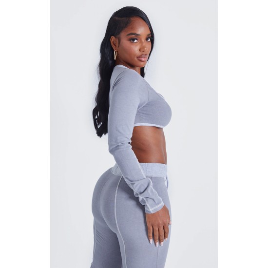 Shape Light Grey Washed Cotton Hook And Eye Long Sleeve Crop Top Shape Light Grey Washed Cotton Hook And Eye Long Sleeve Crop Top