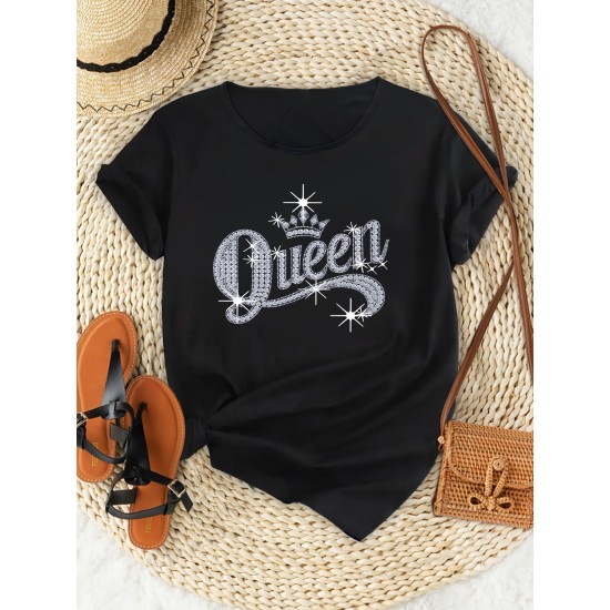 Crown & Queen Letter Print Casual T-Shirt, Round Neck Short Sleeves Sports Tee, Women’s Comfy Tops – PRYCUS MITCHELL INC Crown & Queen Letter Print Casual T-Shirt, Round Neck Short Sleeves Sports Tee, Women’s Comfy Tops – PRYCUS MITCHELL INC
