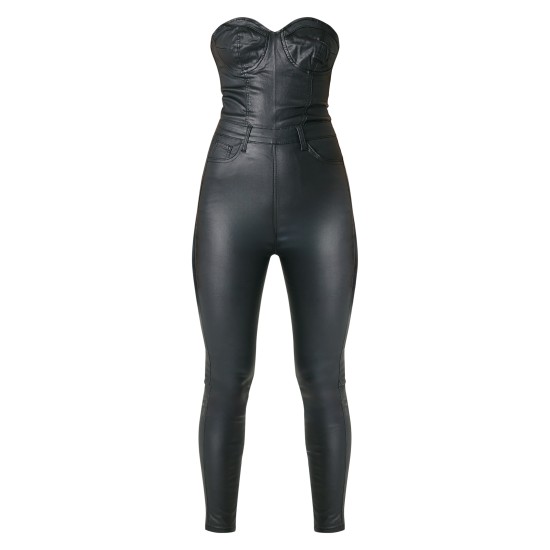 Black Bandeau Coated Denim Jumpsuit Black Bandeau Coated Denim Jumpsuit