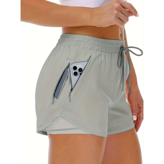 Solid Color 2-in-1 Sports Running Fitness Shorts With Multi Pockets, Women’s Activewear – PRYCUS MITCHELL INC Solid Color 2-in-1 Sports Running Fitness Shorts With Multi Pockets, Women’s Activewear – PRYCUS MITCHELL INC