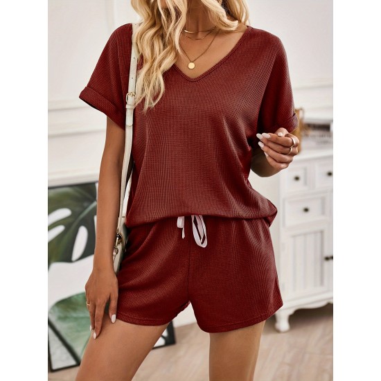 Solid Color Summer & Spring Casual Two-piece Set, V Neck Short Sleeve Top & Drawstring Shorts Outfits, Women’s Clothing – PRYCUS MITCHELL INC Solid Color Summer & Spring Casual Two-piece Set, V Neck Short Sleeve Top & Drawstring Shorts Outfits, Women’s Clothing – PRYCUS MITCHELL INC